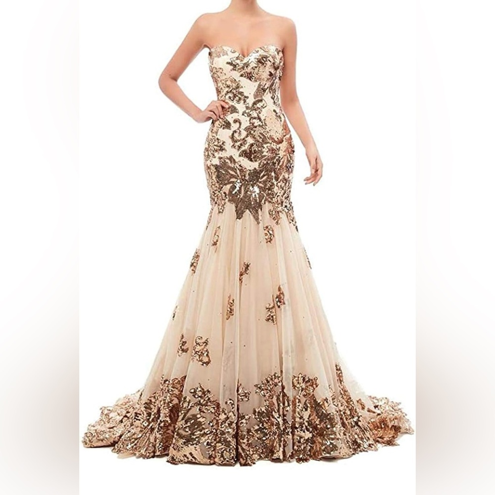 Strapless Cream and Gold Evening Gown